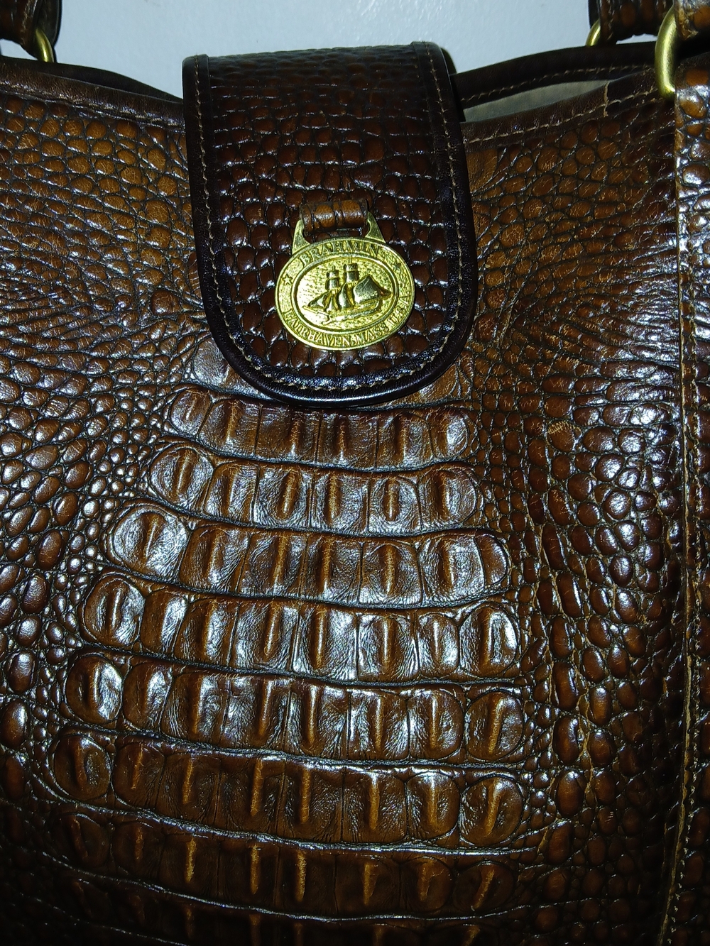 Brahmin Brown Croc-Embossed Leather Shoulder Bag with Gold Medallion